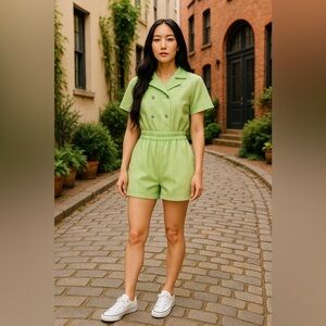 Top and Shorts Set Women Size Medium Green Short Sleeves Cropped High Waisted